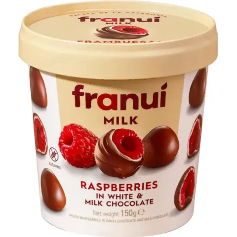 Ягоды малины Franui в белом и молочном шоколаде з/м 150г