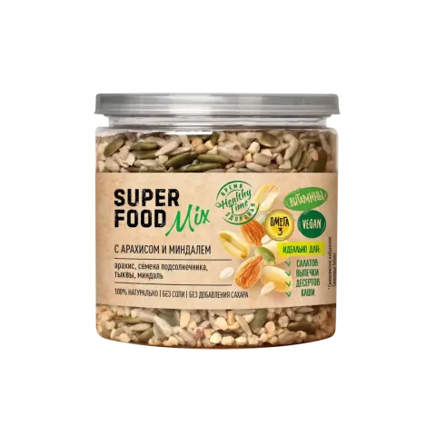 Смесь семян Superfood mix с арахисом и миндалем &quot;Царская приправа&quot; банка с крышкой-ключом 260г