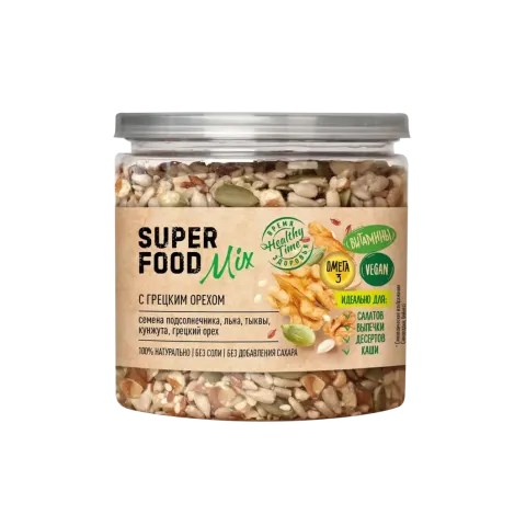 Смесь семян Superfood mix с грецким орехом &quot;Царская приправа&quot; банка с крышкой-ключом 270г