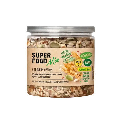 Смесь семян Superfood mix с грецким орехом &quot;Царская приправа&quot; банка с крышкой-ключом 270г