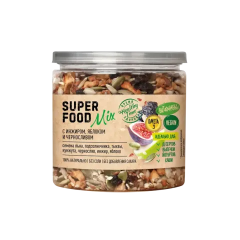 Смесь семян Superfood mix с инжиром, яблоком и черносливом &quot;Царская приправа&quot; банка с крышкой-ключом 270г