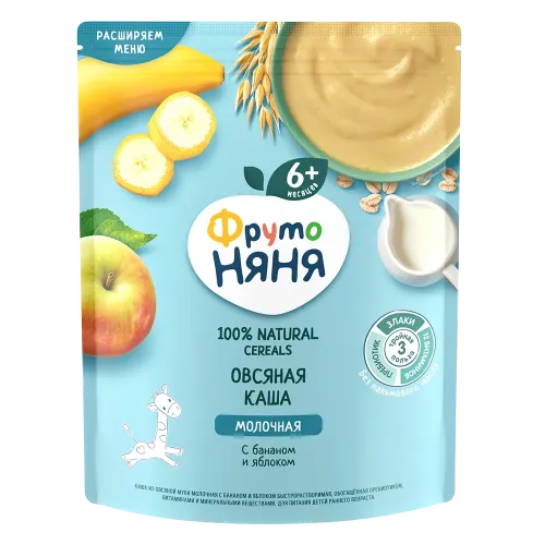 Каша ФрутоНяня молочная овсяная с яблоками и бананами для детей с 6 месяцев 200г