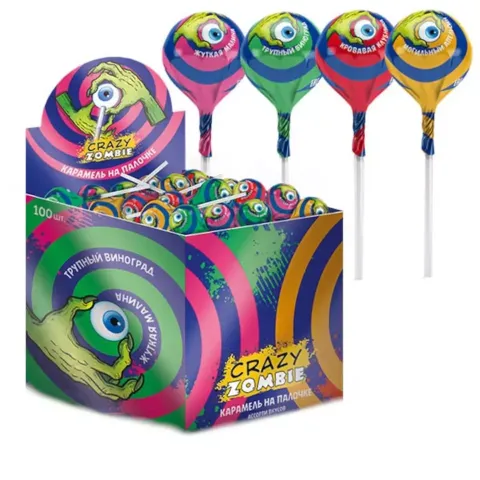 Карамель леденцовая Крэйзи Зомби на палочке апельсин/малина 12г