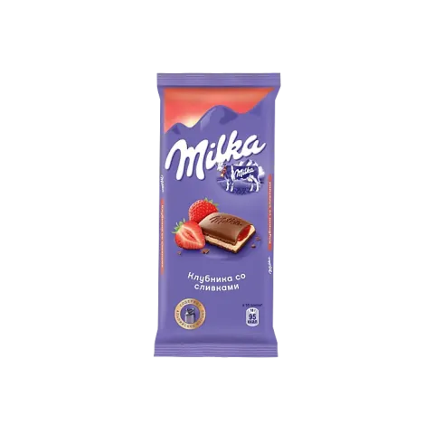 Шоколад Милка молочный с двухслойной начинкой клубника-сливки 80г