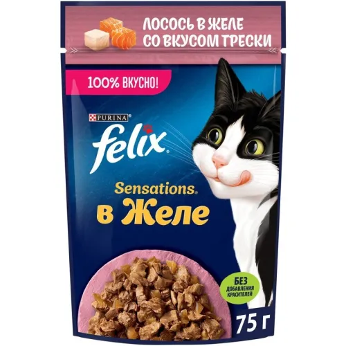 Корм влажный для кошек Felix Sensations желе Лосось-Треска (75 г)