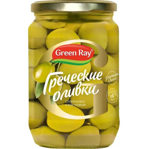 Греческие оливки «Green Ray» супергигант с косточкой, 720 мл.
