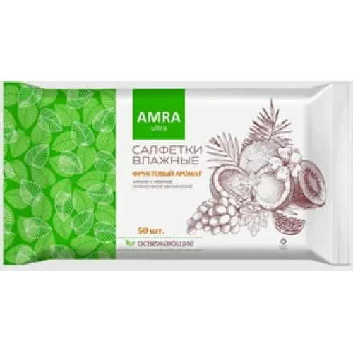 Салфетки влажные, освежающие, 50 шт, пакет с клеевым клапаном, AMRA, 70939