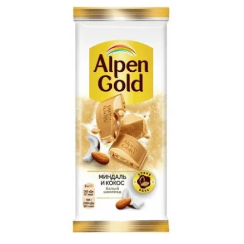 Шоколад Альпен Гольд белый миндаль кокос стружка 80г