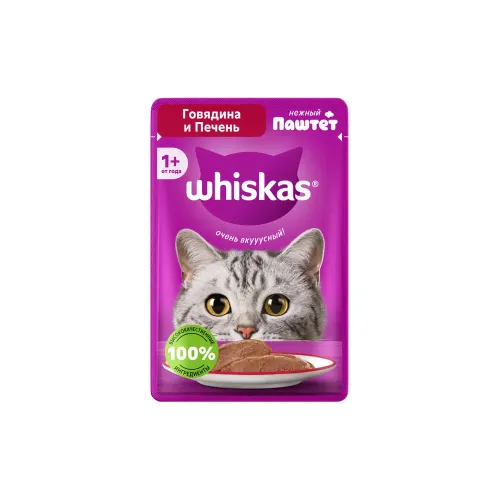 Whiskas влажный корм для взрослых кошек, паштет с говядиной и печенью, 75г