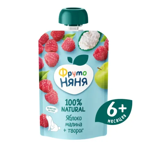 Пюре ФрутоНяня из яблок и малины с творогом для питания детей раннего возраста 90 г.
