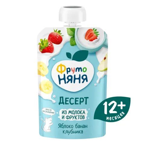 Десерт из молока и фруктов ФрутоНяня с яблоками, бананом и клубникой 90 г