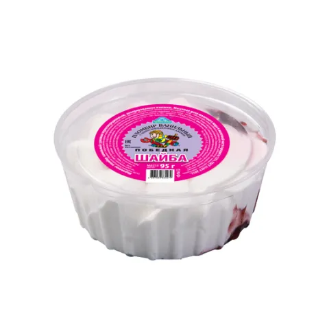 Мороженое ванильное с заменителем молочного жира с джемом черносмородиновым, декорированное изюмом &quot;Шайба&quot;