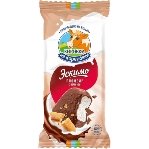 Мороженое пломбир ванильный с печеньем в шоколадной глазури эскимо Коровка из Кореновки 70 г