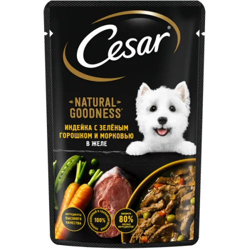 Влажный корм (консервы) CESAR NATURAL GOODNESS для взрослых собак всех пород с индейкой, зеленым горошком и морковью в желе пауч (80 гр)