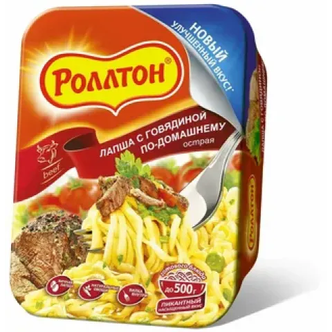 Лапша Роллтон По-домашнему с говядиной острая 90г лоток