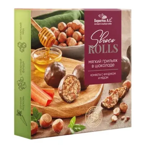 Конфеты SHOCO ROLLS грильяж фундук/мед в шок. глаз. 135г