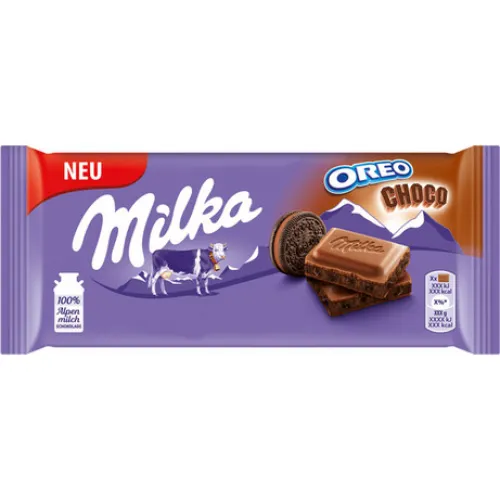 Шоколад молочный Choco Oreo Milka с начинкой какао и кусочками печенья Oreo 100г