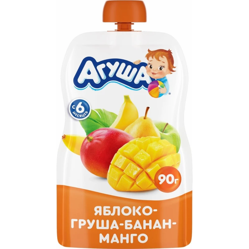 Пюре Агуша Pouch-pack яблоко-груша-банан-манго (с 6 мес) 90 г