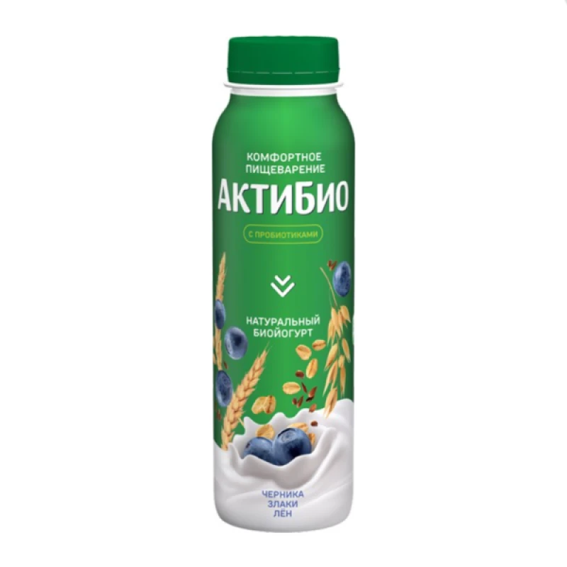 Биойогурт питьевой АктиБио Черника-5 злаков-семена льна 1,6% 260г