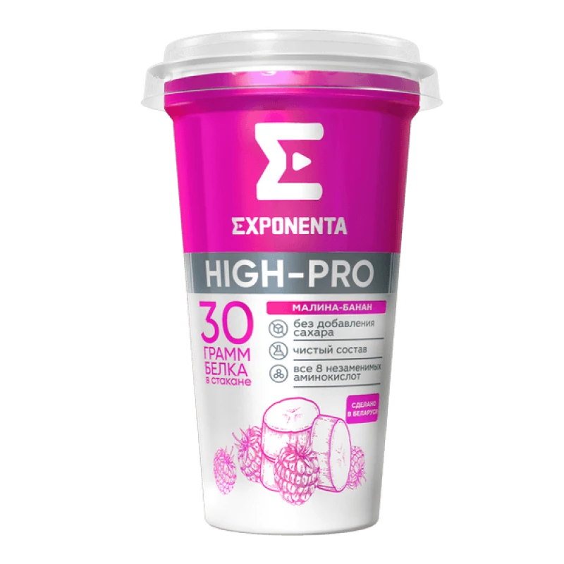 БЗМЖ Напиток Экспонента High-Pro кисломолочный обезжиренный с высоким содержанием белка малина/банан 250г