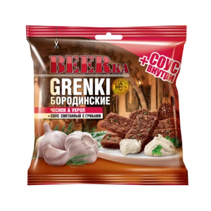 Гренки BEERka багетные Бородинские чеснок укроп + соус сметанный с грибами