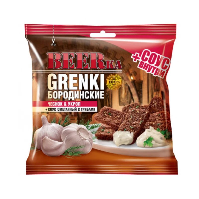 Гренки BEERka багетные Бородинские чеснок укроп + соус сметанный с грибами 60г+20г