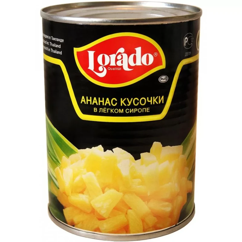 Ананасы Лорадо кусочки в легком сиропе, 820 г, ж/б
