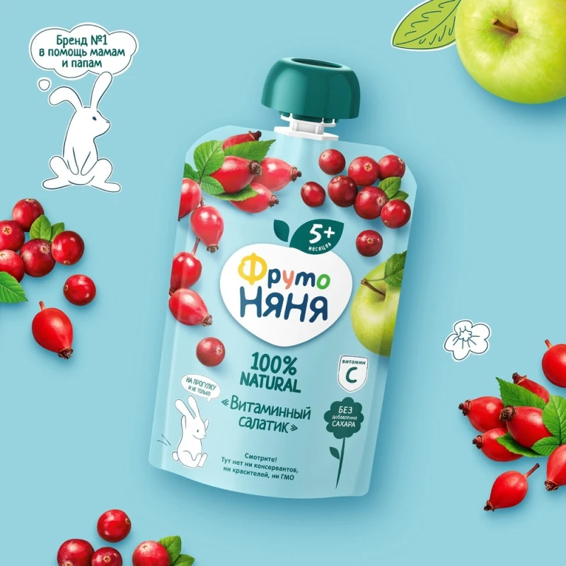 Пюре Фрутоняня из яблок, шиповника и клюквы с сахаром 90 г
