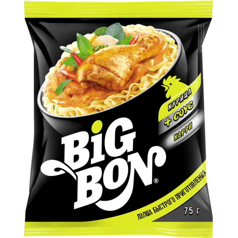 Лапша БП "BIG BON" курица + соус Карри 75г пакет