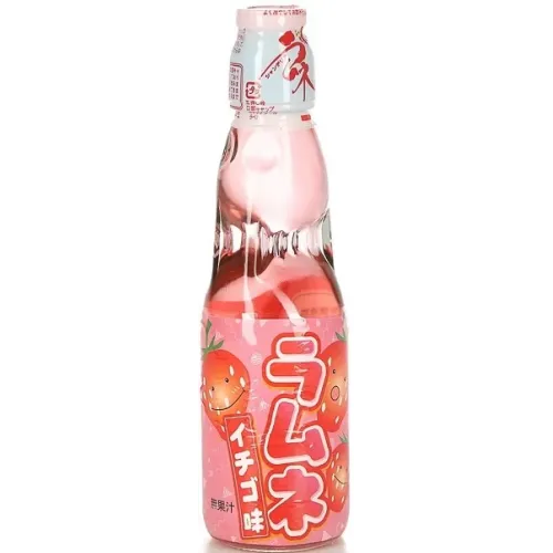 Лимонад Ранумэ Клубника (Ramune Lemonade Strawberry) газированный 0,2л в стеклянной бутылке