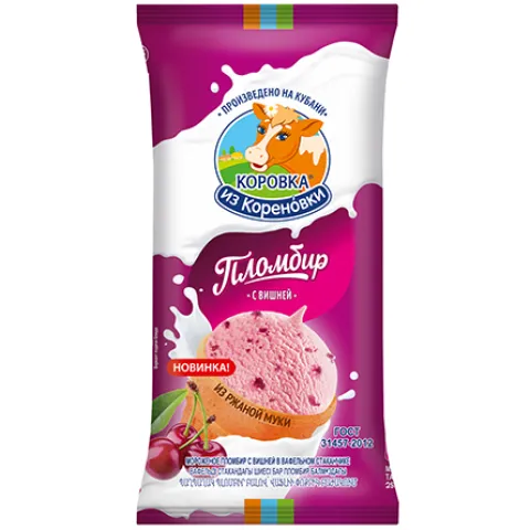 Мороженое пломбир вишня в вафельном стаканчике из ржаной муки Коровка из Кореновки 100г