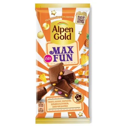 Шоколад Альпен Гольд мол Максфан манго/анан/марак с шипуч рис шарик взрыв карамел 140г