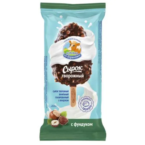 Сырок глазированный Коровка из Кореновки на палочке ванильный в молочном шоколаде с фундуком 23%