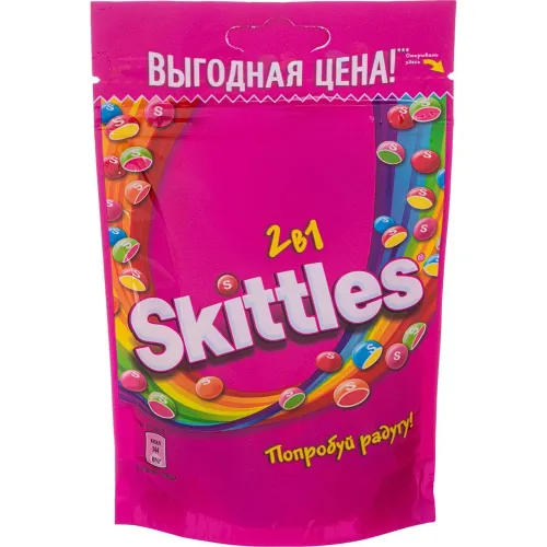 Драже Skittles 2в1 70г дыня, клубника, арбуз, манго, персик, малина, лимон Марс Россия SKITTLES