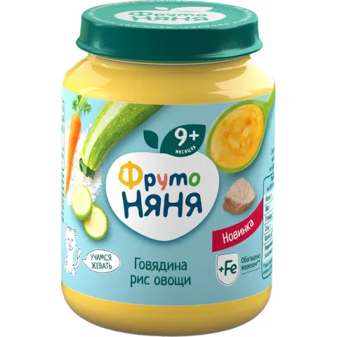 Консервы мясорастительные ФрутоНяня овощи, рис, говядина, 190г.
