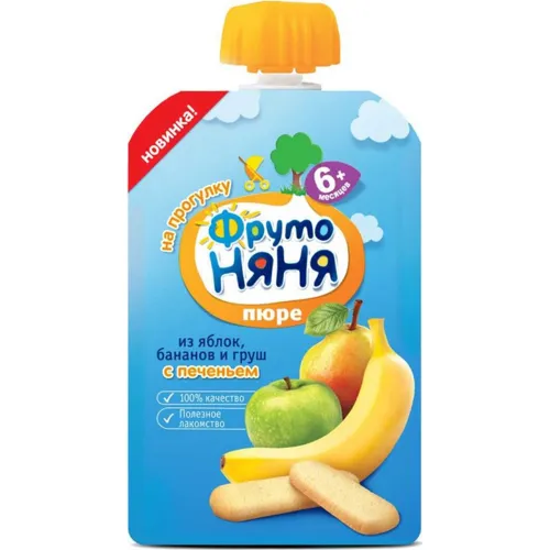 Пюре для дет/пит ФрутоНяня 90г дой-пак из яблок,бананов,и груш с печеньем д/п ФрутоНяня Россия