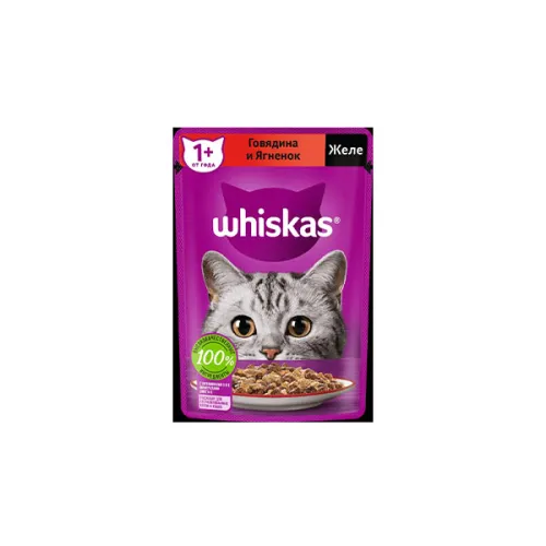 Корм влажный для кошек Whiskas с говядиной и ягненком в желе, пауч 75 г