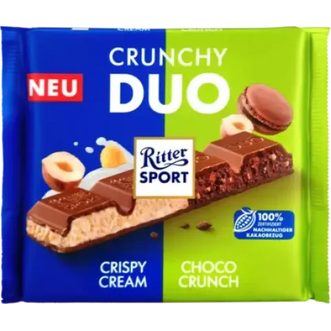 Шоколад Риттер Спорт Дуо молочный ореховый крем/фр.пирожное 218г